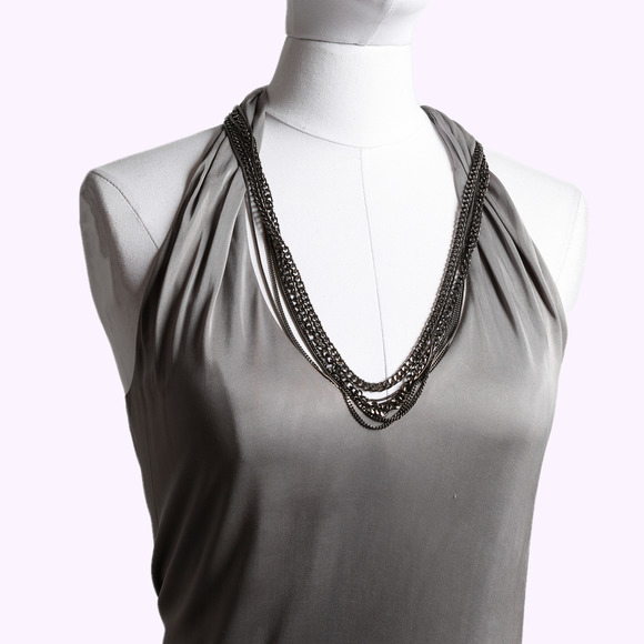 YIGAL AZROUEL Grey Rayon V Neck Dress with Chains - Picture 2 of 4